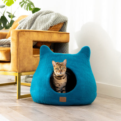 Fuzzy Cove Ocean Blue Ear Style Felted Wool Cat Cave – Handcrafted Cozy Peekaboo Bed for Cats