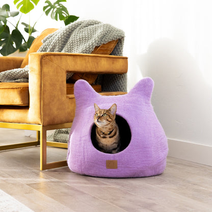 Fuzzy Cove Lilac Purple Ear Style Felted Wool Cat Cave – Cozy Peekaboo Bed for Cats