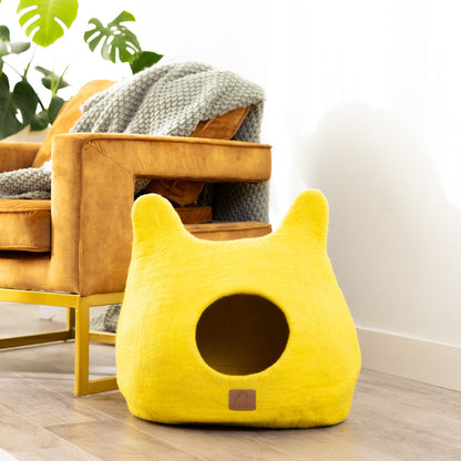 Fuzzy Cove Sunny Yellow Ear Style Felted Wool Cat Cave – Cozy Peekaboo Bed for Cats