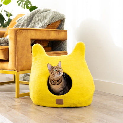 Fuzzy Cove Sunny Yellow Ear Style Felted Wool Cat Cave – Cozy Peekaboo Bed for Cats