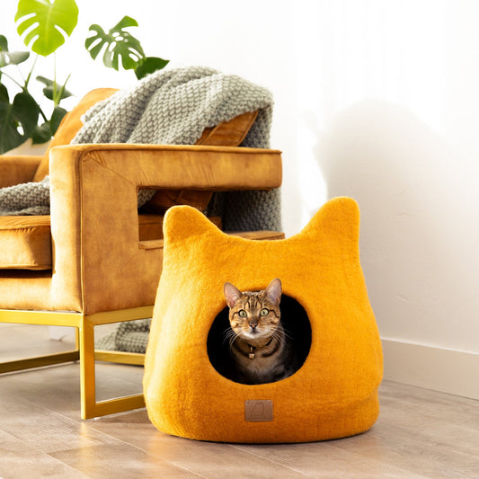 Fuzzy Cove Fire Orange Ear Style Felted Wool Cat Cave – Cozy Peekaboo Bed for Cats