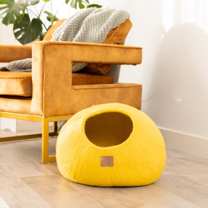 Fuzzy Cove Sunny Yellow Round Style Felted Wool Cat Cave – Cozy Peekaboo Bed for Cats