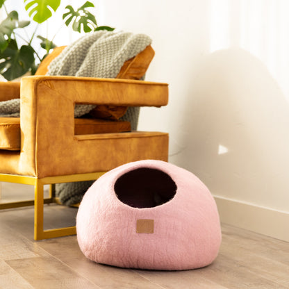 Fuzzy Cove Valentine Pink Round Style Felted Wool Cat Cave – Handcrafted Cozy Peekaboo Bed for Cats