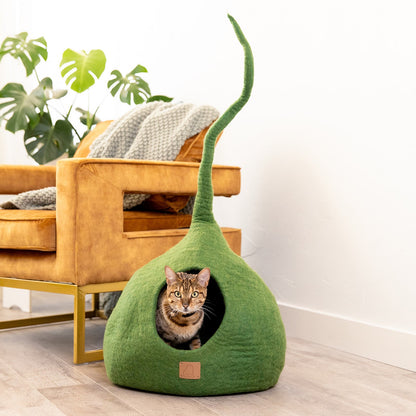 Fuzzy Cove Forest Green Tail Style Felted Wool Cat Cave – Handcrafted Peekaboo Cozy Bed for Cats