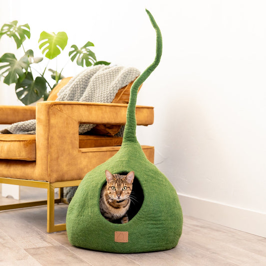Fuzzy Cove Forest Green Tail Style Felted Wool Cat Cave – Handcrafted Peekaboo Cozy Bed for Cats