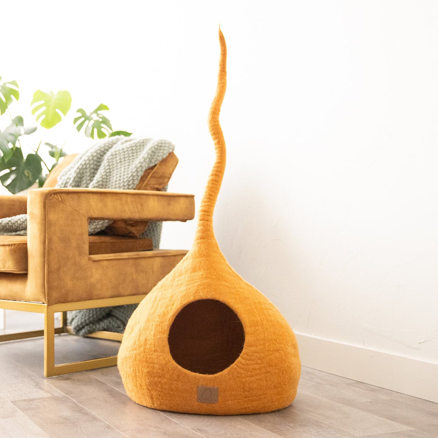 Fuzzy Cove Fire Orange Tail Style Felted Wool Cat Cave – Handcrafted Peekaboo Hideaway Bed for Cats