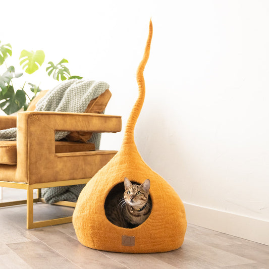 Fuzzy Cove Fire Orange Tail Style Felted Wool Cat Cave – Handcrafted Peekaboo Hideaway Bed for Cats