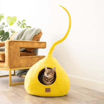 Fuzzy Cove Sunny Yellow Tail Style Felted Wool Cat Cave – Handcrafted Peekaboo Cozy Bed for Cats