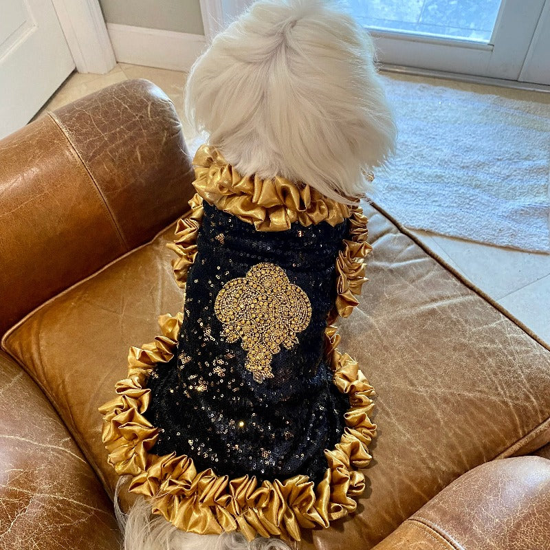 C’Mimi Designer Couture “Cleopatra” Dog Party Dress – Handmade Black & Gold Sequin Dress with Satin Ruffles and Bejeweled Appliqué (XS–3XL | Custom Sizes Available)