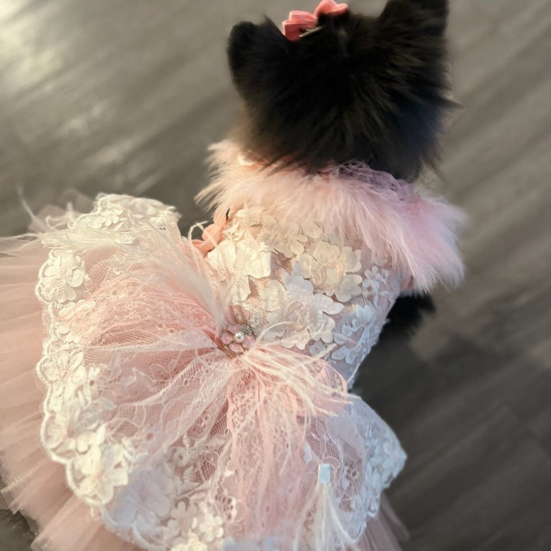 Designer Handmade “Sophia” Dog Party Dress – Luxury Pink Satin, Lace & Tulle Dress with Feathers and Floral Appliqué (XS–XL | Custom Sizes Available)