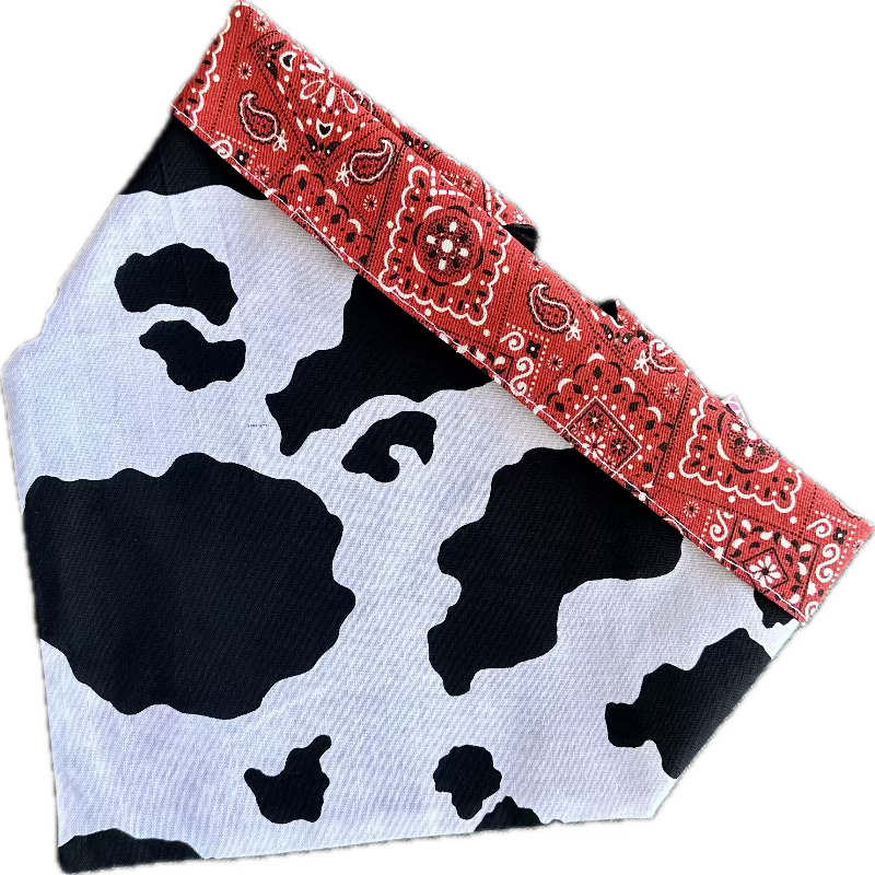 Cow Print Rodeo Bandana Dog Collar – Handmade USA Cotton Collar with Red Trim & Buckle, Western Cow Print Design (XS–XL, by Chloe & Max)