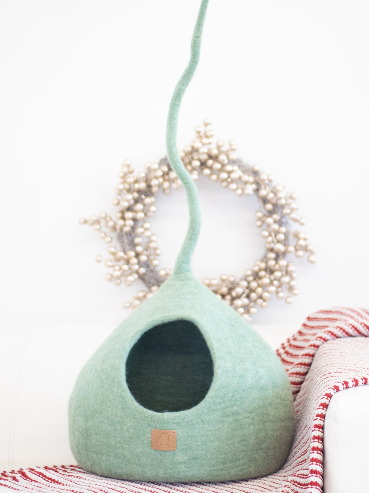 Fuzzy Cove Eucalyptus Green Tail Style Felted Wool Cat Cave – Handcrafted Peekaboo Cozy Bed for Cats