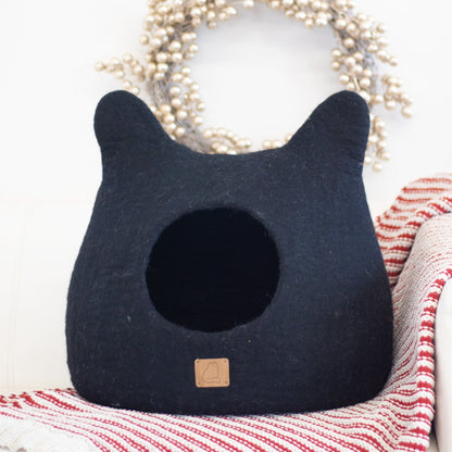 Fuzzy Cove Night Black Ear Style Felted Wool Cat Cave – Handcrafted Peekaboo Cozy Bed for Cats