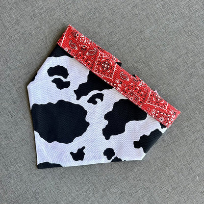 Cow Print Rodeo Bandana Dog Collar – Handmade USA Cotton Collar with Red Trim & Buckle, Western Cow Print Design (XS–XL, by Chloe & Max)