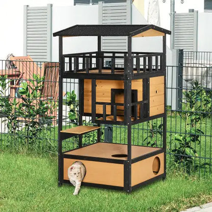 Rustic Wooden Outdoor Cat House | Multi-Level Kitten Playhouse with Escape Door, Platforms & Asphalt Roof