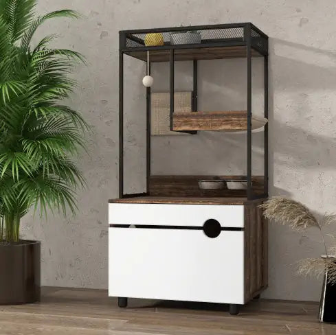 Cat Litter Box Enclosure with Cat Tree Tower – Multi-Functional Cat Cabinet & Furniture (White + Vintage)