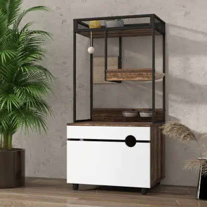 Cat Litter Box Enclosure with Cat Tree Tower – Multi-Functional Cat Cabinet & Furniture (White + Vintage)