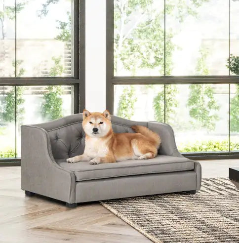 Robin 35" Tufted Wingback Pet Sofa Bed | Gray Stain-Resistant Dog & Cat Lounge