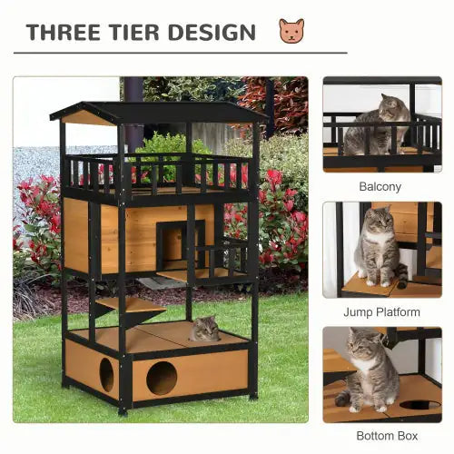 Rustic Wooden Outdoor Cat House | Multi-Level Kitten Playhouse with Escape Door, Platforms & Asphalt Roof