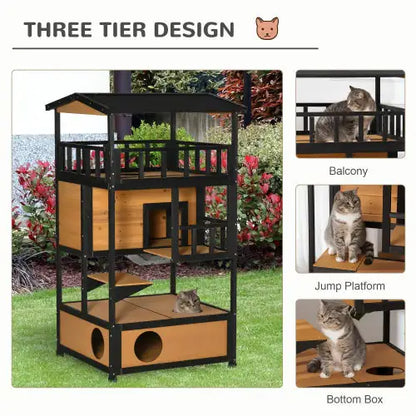 Rustic Wooden Outdoor Cat House | Multi-Level Kitten Playhouse with Escape Door, Platforms & Asphalt Roof