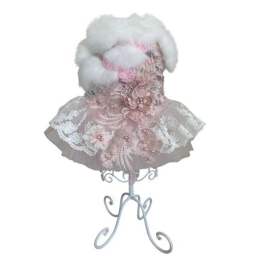 Designer Handmade “Juliette” Dog Party Dress – Luxury Pink Lace & Tulle Dress for Small Dogs (Custom Sizes Available)