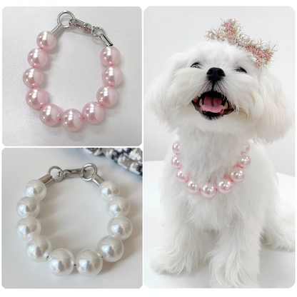 Large Pearl Dog Collar Necklace – Elegant Adjustable Beaded Necklace in White or Pink for Small, Medium & Large Dogs (XS–5XL)