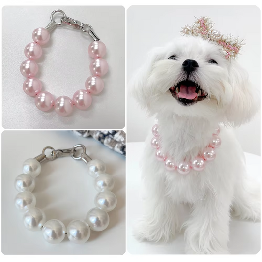 Large Pearl Dog Collar Necklace – Elegant Adjustable Beaded Necklace in White or Pink for Small, Medium & Large Dogs (XS–5XL)