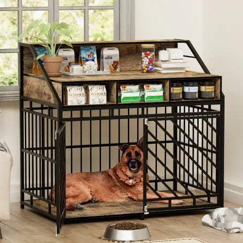 Rustic Retreat Dog Crate with Storage – Large Furniture-Style Wooden Kennel with Divider & Drawers