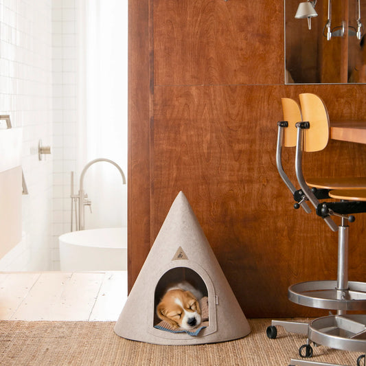 Nooee Pet Cave Lucy (M) – Cream Modern Cone-Shaped Pet Bed with Machine-Washable Cushion, Portable Roll-Up Design with Travel Bag, Fits Pets Up to 12 lbs, 24”H x 22”L x 22”D