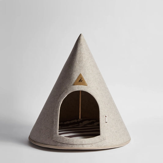 Nooee Pet Cave Lucy (M) – Cream Modern Cone-Shaped Pet Bed with Machine-Washable Cushion, Portable Roll-Up Design with Travel Bag, Fits Pets Up to 12 lbs, 24”H x 22”L x 22”D