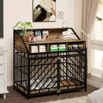 Rustic Retreat Dog Crate with Storage – Large Furniture-Style Wooden Kennel with Divider & Drawers