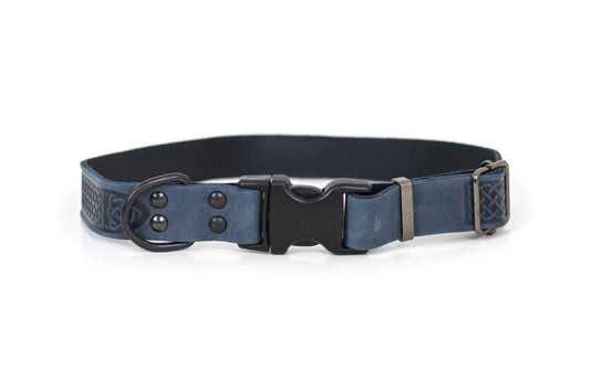 Celtic Sport Quick-Release Dog Collar – Blue Jeans Leather with Black Hardware, Celtic Fire & Water Rune Design, and YKK Buckle