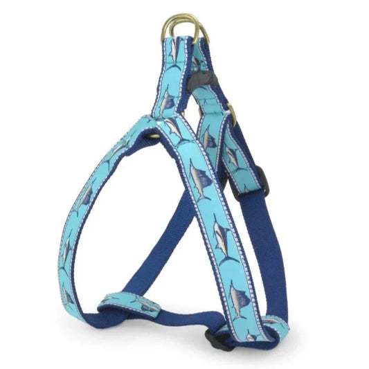 Up Country Marlin Dog Harness & Leash Matching Set – Made in USA Adjustable Step-In Harness with Matching 5-ft Leash, Blue Marlin Design, Durable Nylon Webbing, Cast Brass Hardware, Coast Guard-Approved Buckles, Machine Washable (Small–Large Dogs)