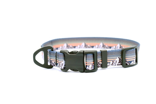 Outdoor Style Mountain Sunset Nylon Dog Collar – Soft, Adjustable Design with YKK Buckle, Bottle-Opening D-Ring, and Mini Tag Ring