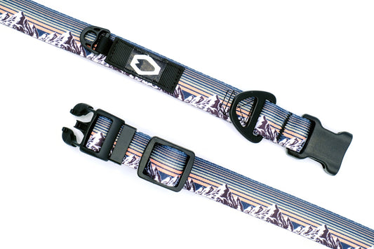 Outdoor Style Mountain Sunset Nylon Dog Collar – Soft, Adjustable Design with YKK Buckle, Bottle-Opening D-Ring, and Mini Tag Ring