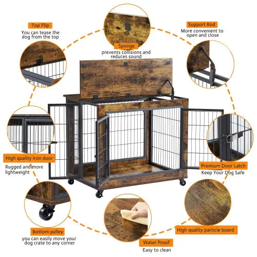 Rolling Rustic Brown Dog Crate Table – Furniture-Style Kennel with Double Doors & Wheels