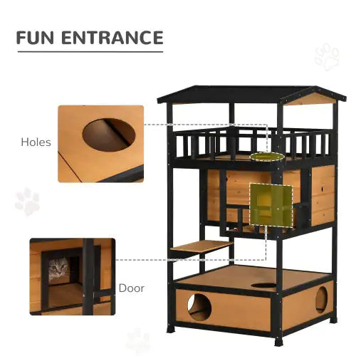 Rustic Wooden Outdoor Cat House | Multi-Level Kitten Playhouse with Escape Door, Platforms & Asphalt Roof