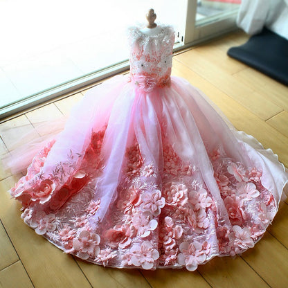 Luxury Pink Princess Dog Wedding Dress – 3D Floral Lace Pet Gown