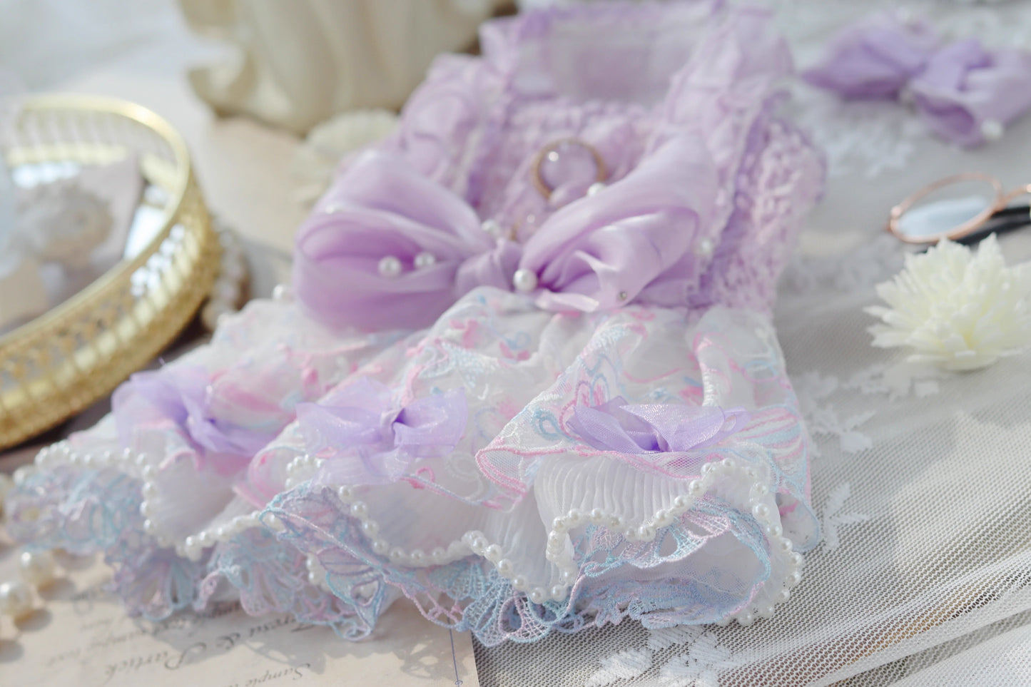 Handmade Luxury Dog Dress Purple Lace Pearl Bow Outfit