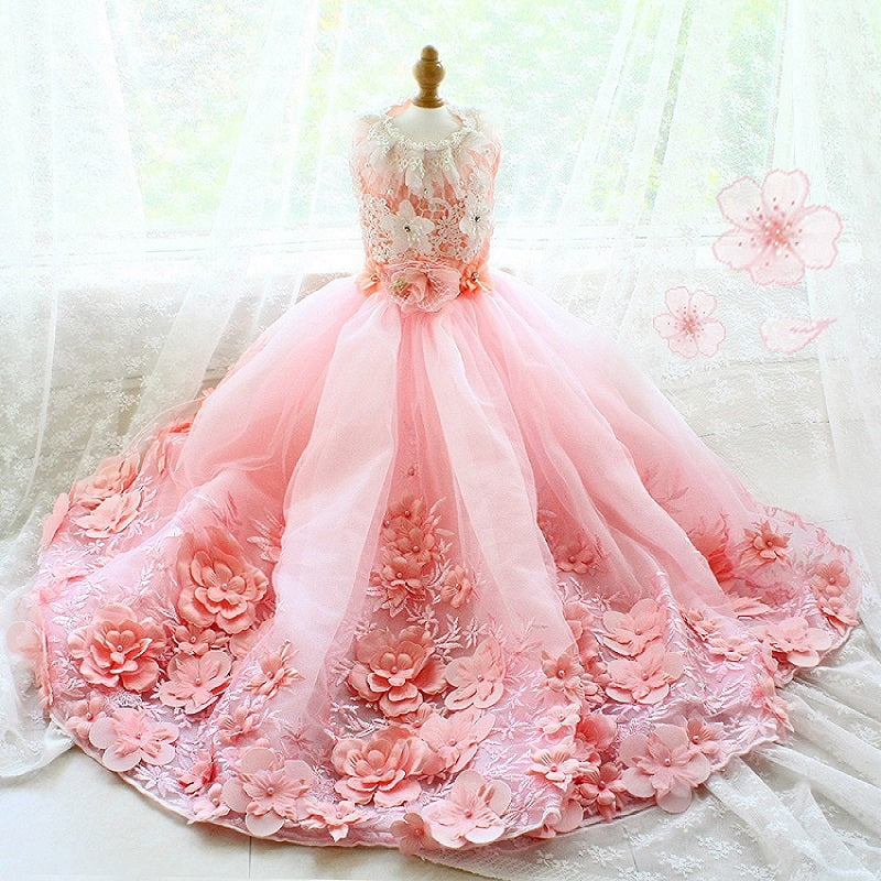 Luxury Pink Princess Dog Wedding Dress – 3D Floral Lace Pet Gown