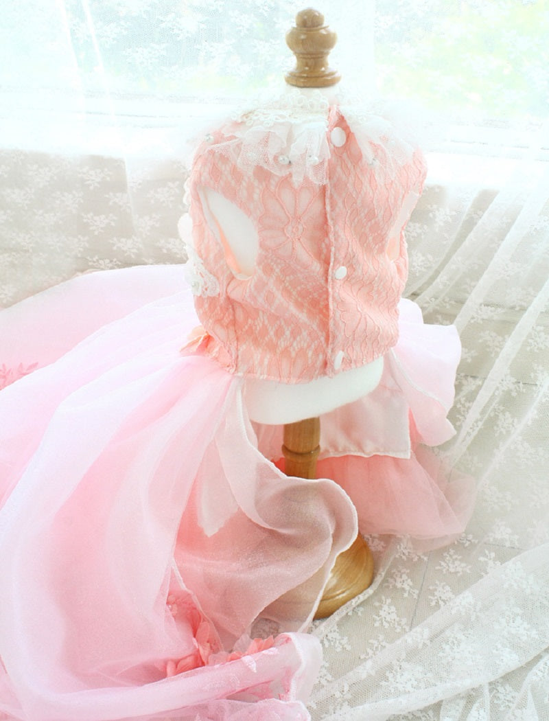 Luxury Pink Princess Dog Wedding Dress – 3D Floral Lace Pet Gown