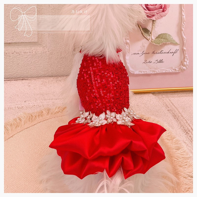 Red Sequin Pearl Dog Dress – Luxury Holiday & Wedding Pet Gown