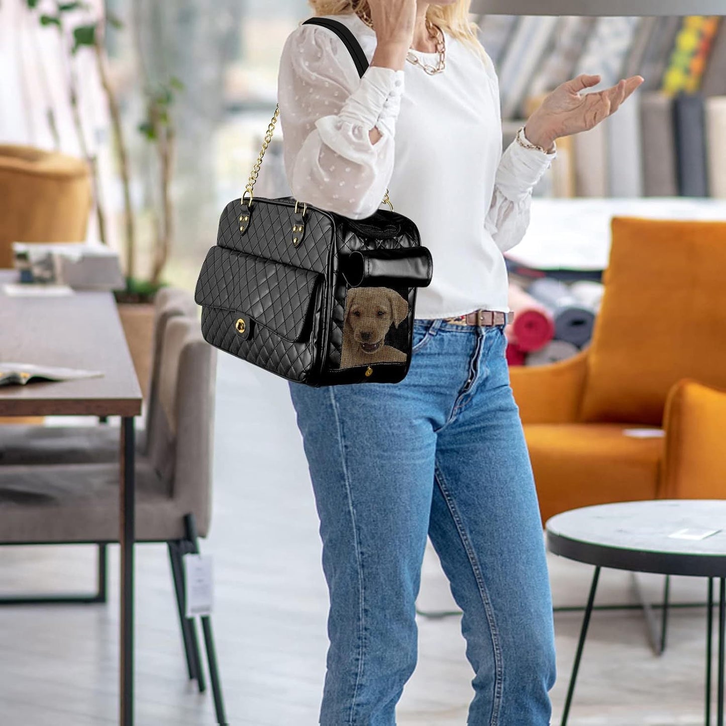 Pet Carrier – Quilted PU Leather with Gold Chain
