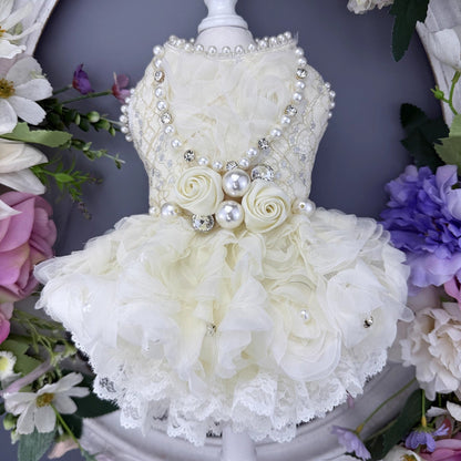 Handmade Luxury Pearl & Rose Lace Pet Dress