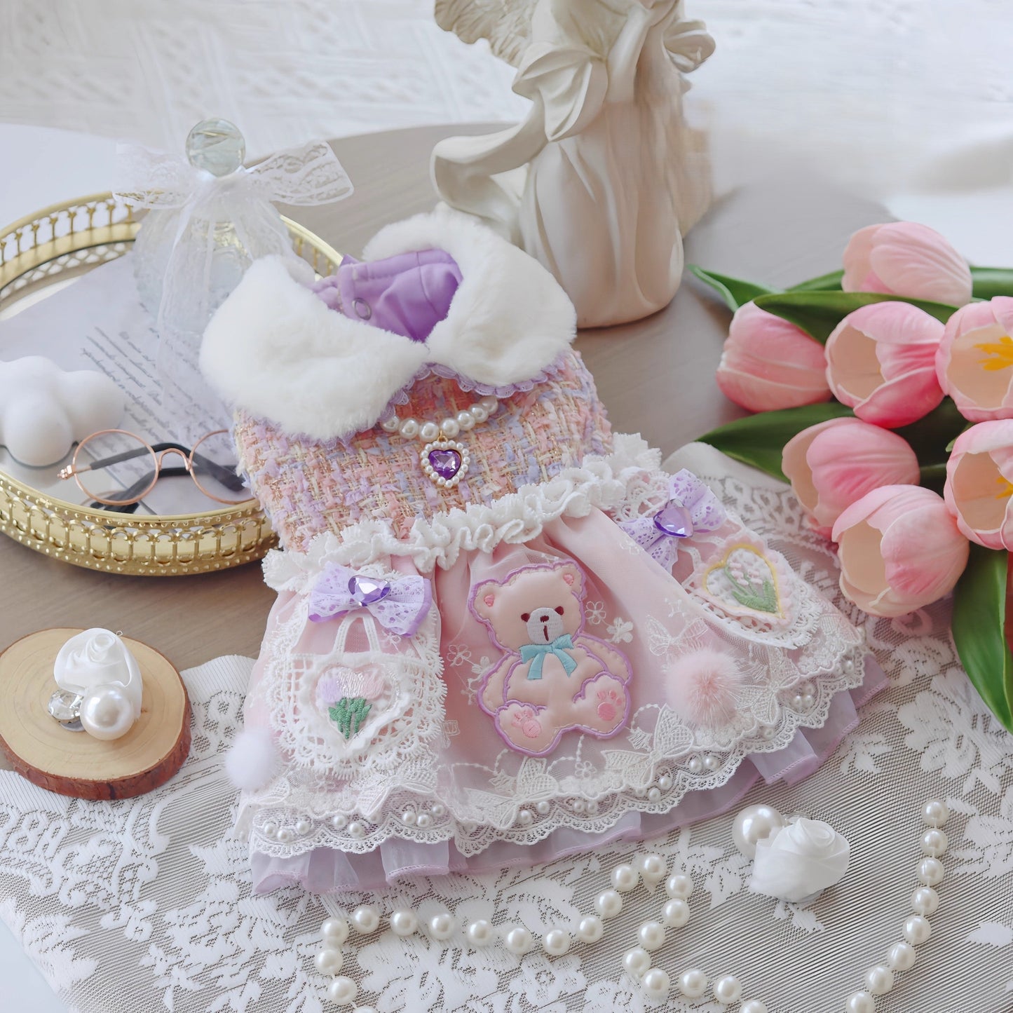 Handmade Pink Lace Tweed Teddy Dog Dress