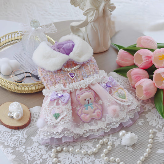 Handmade Pink Lace Tweed Teddy Dog Dress