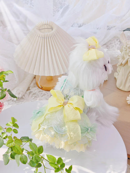 Handmade Cute Dog Dress Yellow Lace Bowknot Outfit