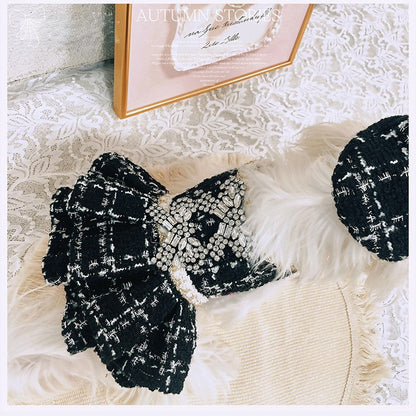 Luxury Black Tweed Rhinestone Dog Dress with Hat – Elegant French Couture Style