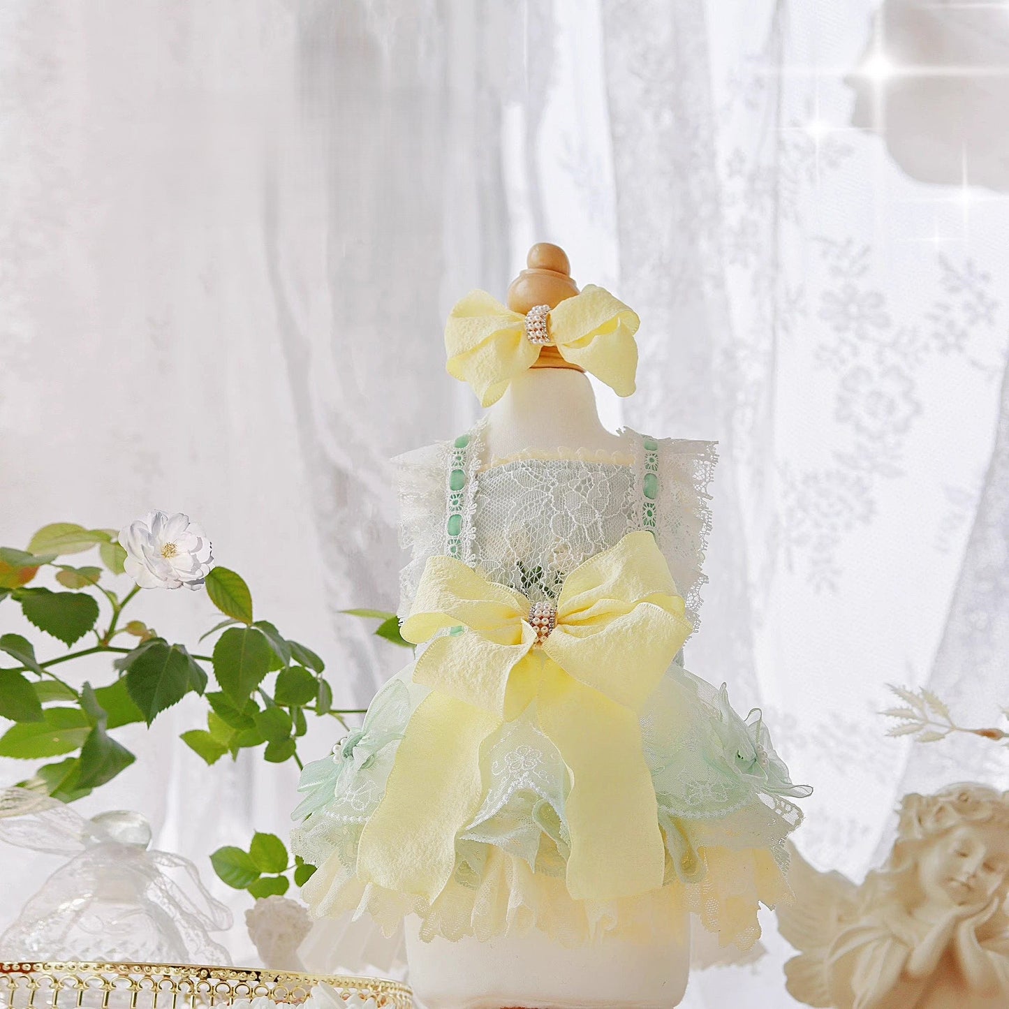 Handmade Cute Dog Dress Yellow Lace Bowknot Outfit