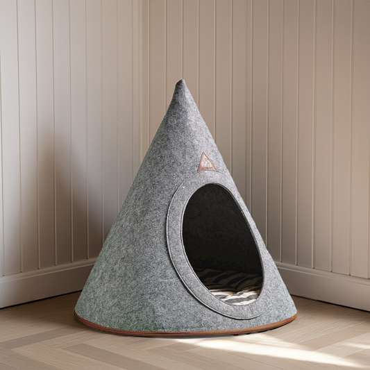 Nooee Pet Cave Buddy (L) – Gray Modern Cone-Shaped Pet Bed with Machine-Washable Cushion, Portable Roll-Up Design with Travel Bag, Fits Pets Up to 18 lbs, 31”H x 29”L x 29”D